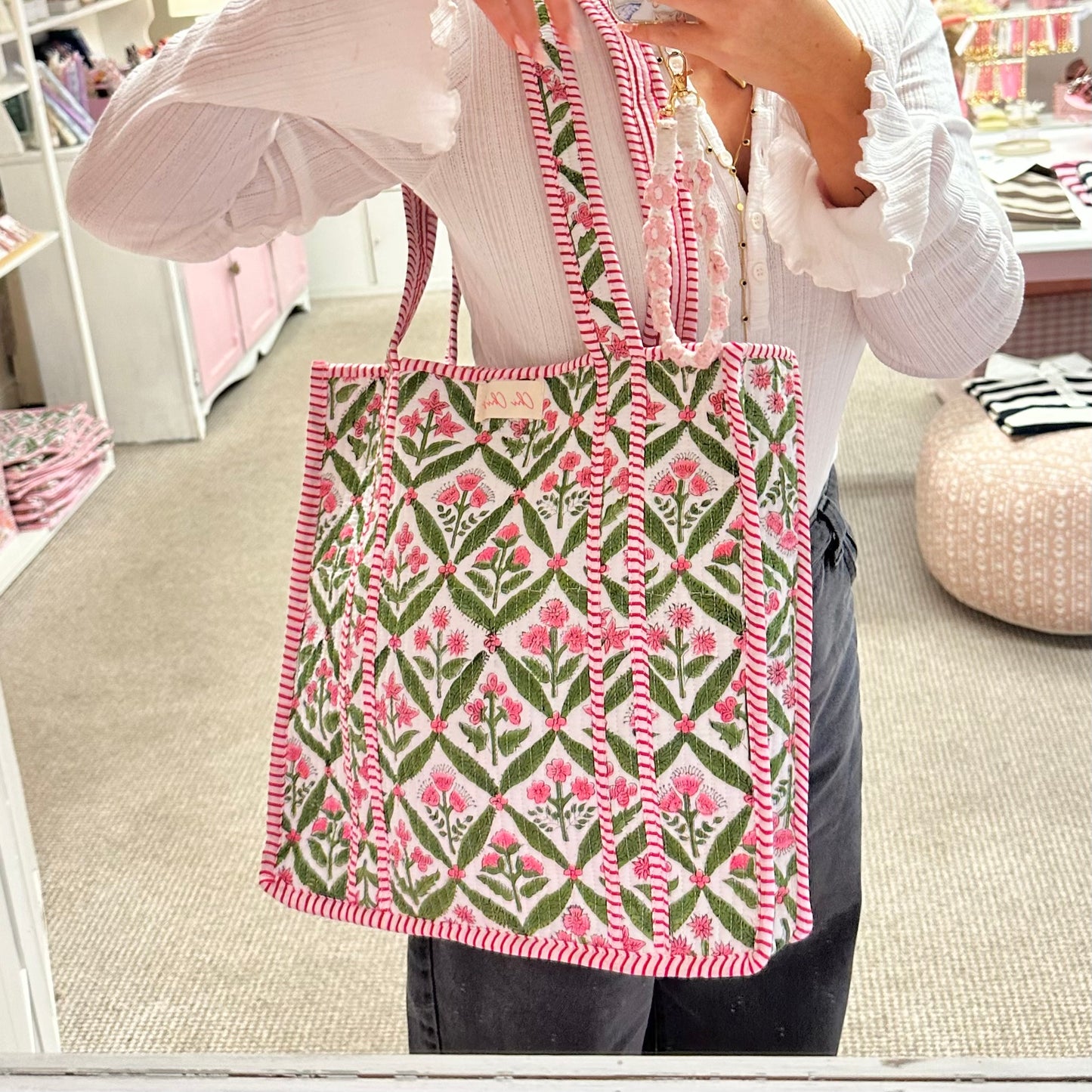 Green Flower Print Quilted Cotton Tote Bag