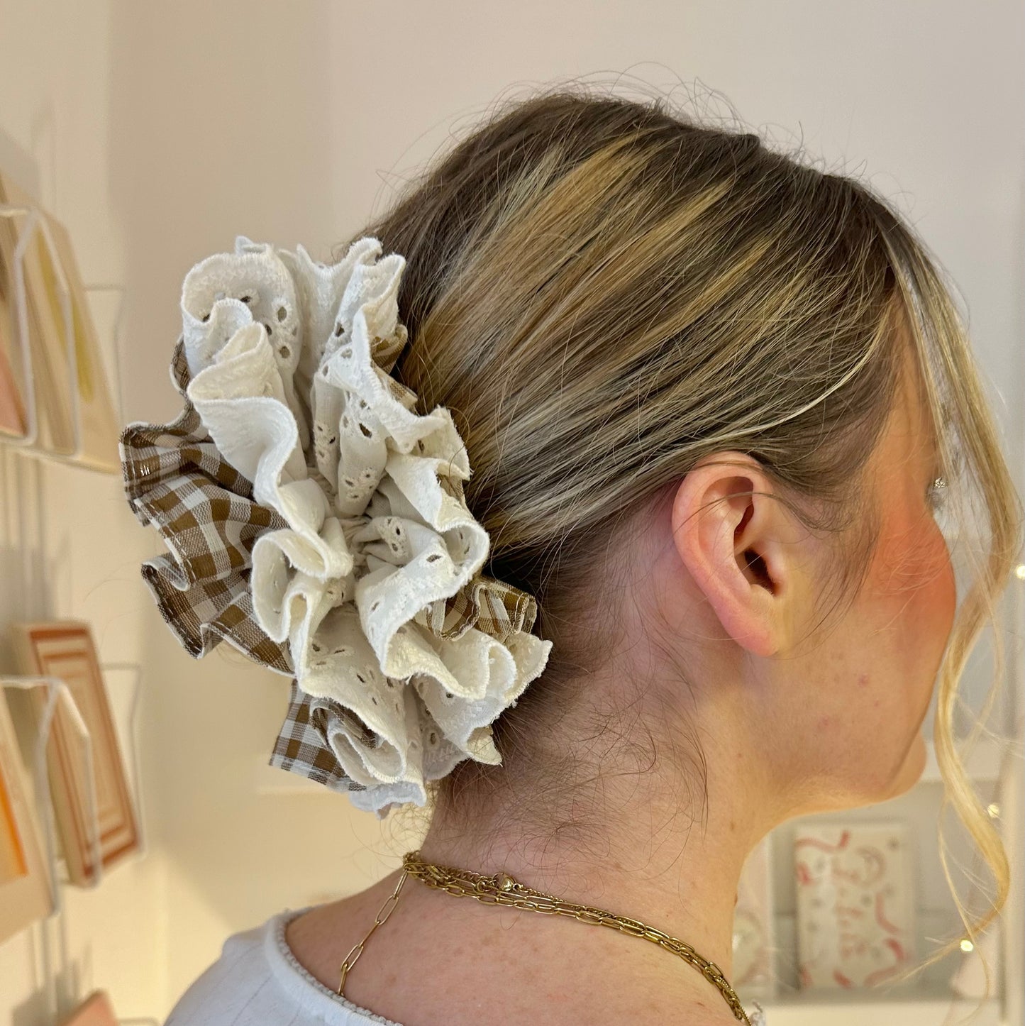 Brown Gingham Scrunchie With Cream Broderie Detail