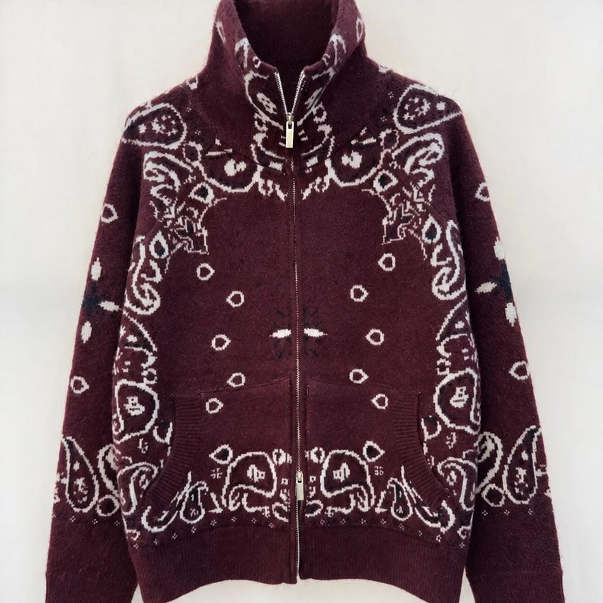 Burgundy Paisley Bandana Print Zip Up Cardigan