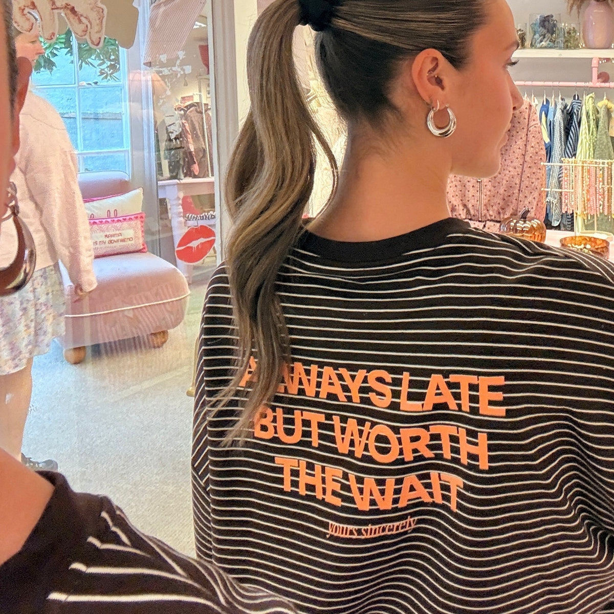 'ALWAYS LATE BUT WORTH THE WAIT' Brown Striped Long Sleeve T-Shirt