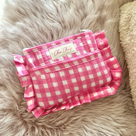🩷 Pink Gingham Frilly Pouch/Clutch With Front Pocket