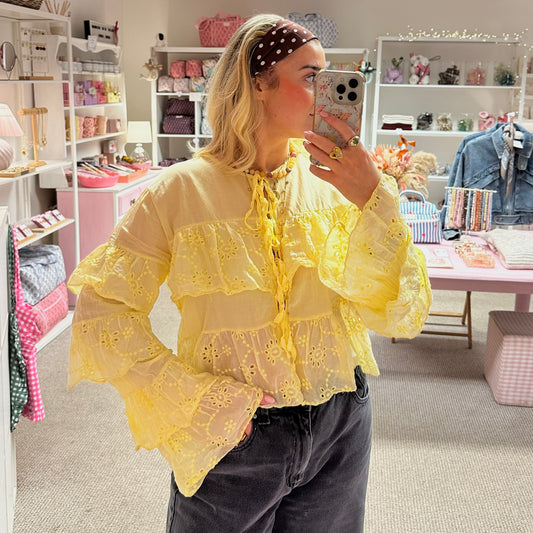 Yellow Broderie Tie Up Blouse