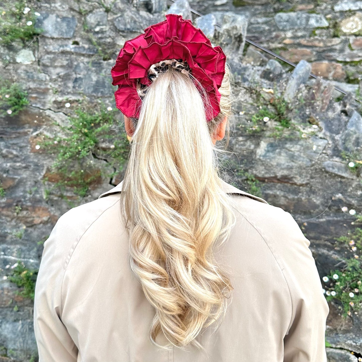 Frill Scrunchie In Leopard Print With Burgundy Trim