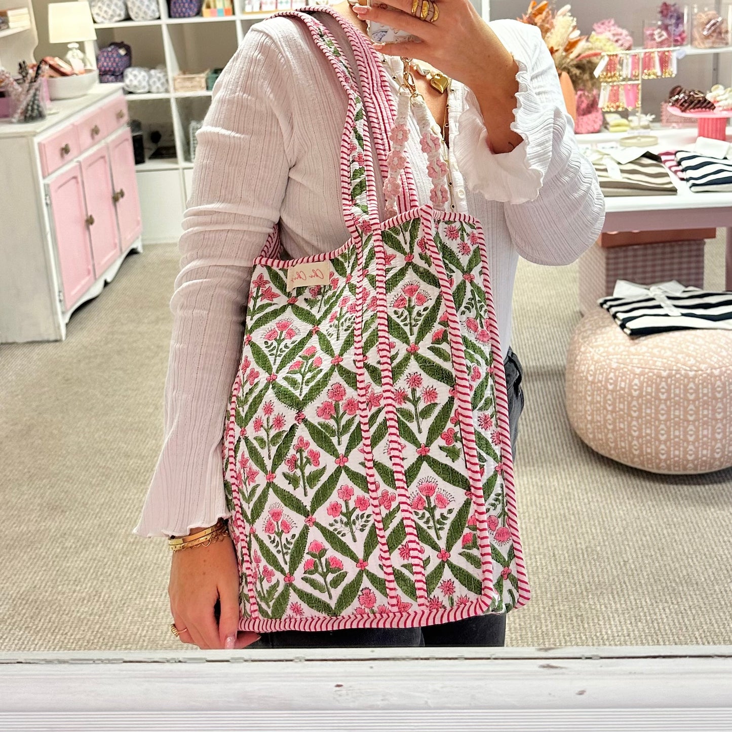 Green Flower Print Quilted Cotton Tote Bag