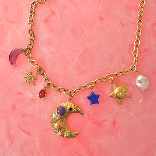 Moon & Bead Chunky Charm Necklace