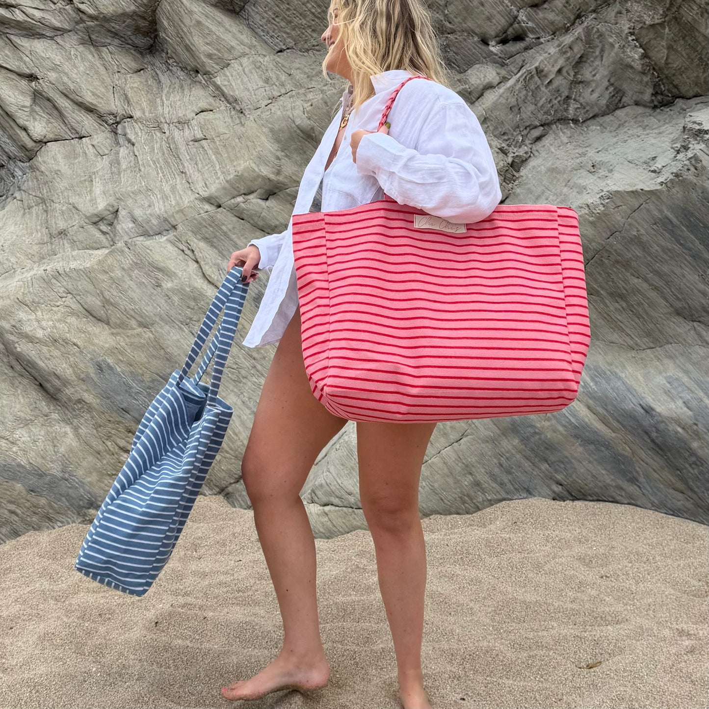 Chi Chi's' Red & Pink Stripe Terry Cloth Large Tote Bag ❤️