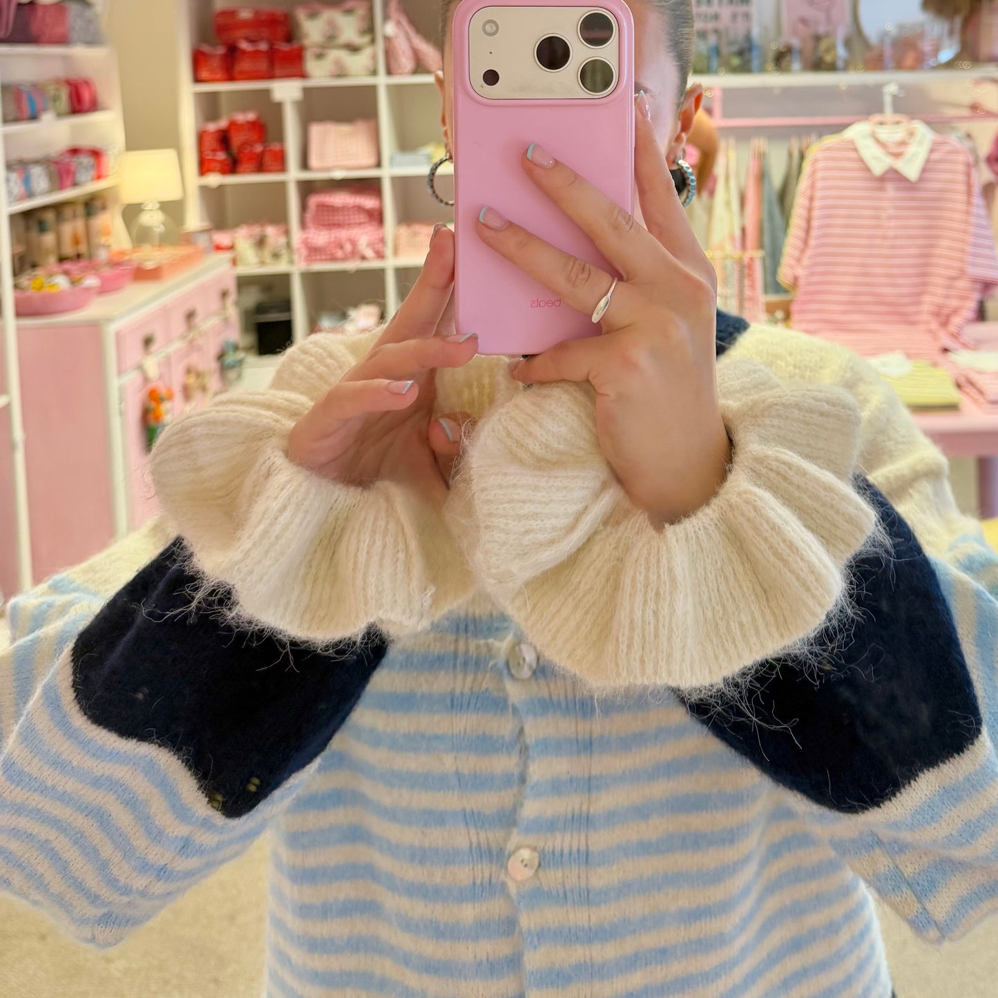Blue & Beige Stripe Cardigan With Frilly Sleeves