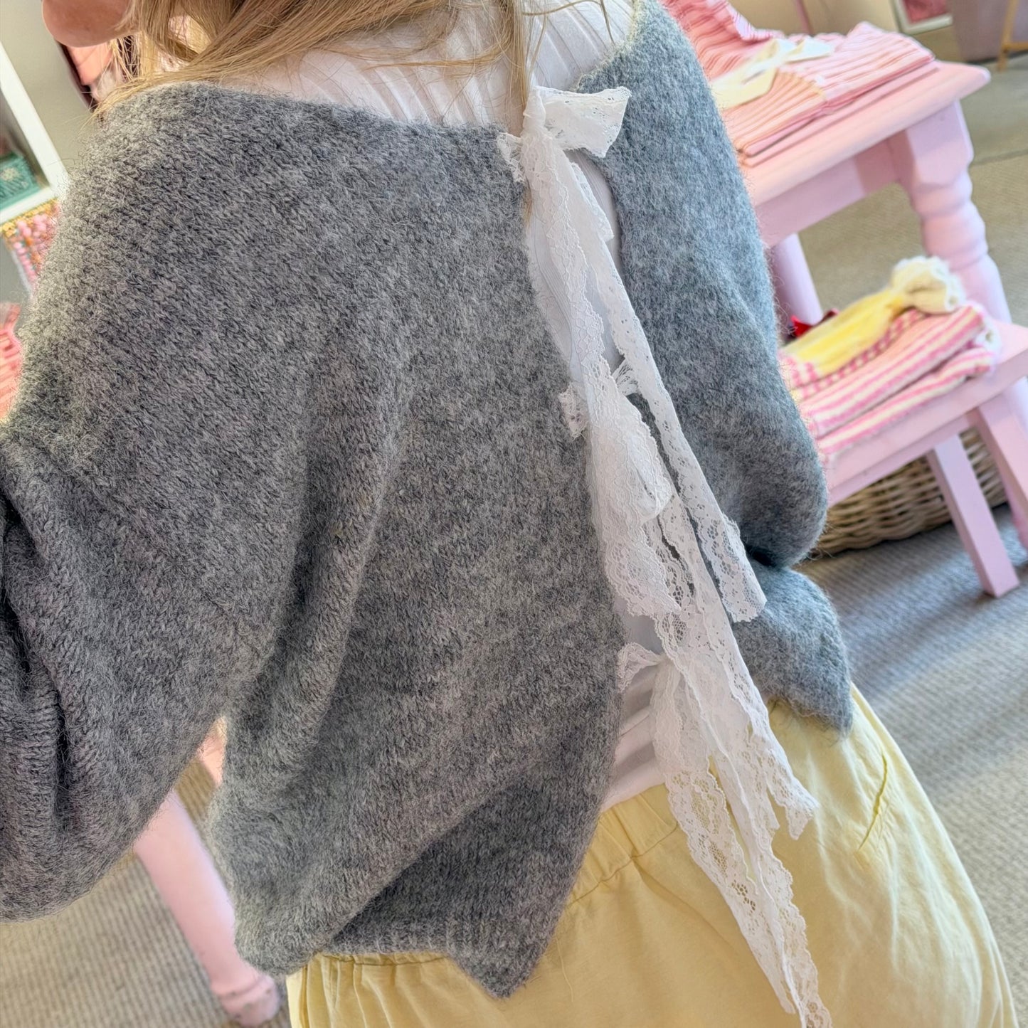 Tie Up Lace Ribbon Grey Cardigan