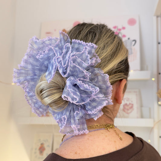 Purple Gingham Tulle Scrunchie With Lilac Trim
