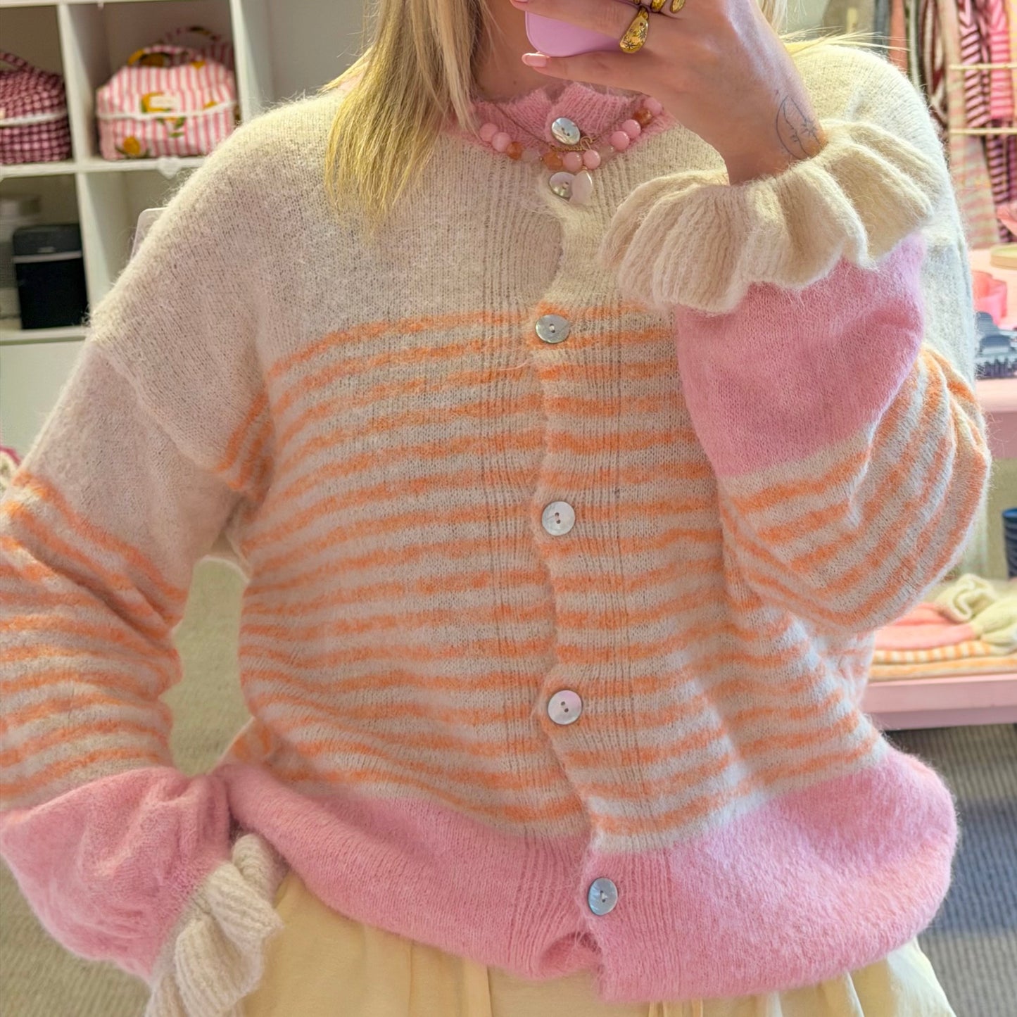 Pink & Orange Stripe Cardigan With Frilly Sleeves