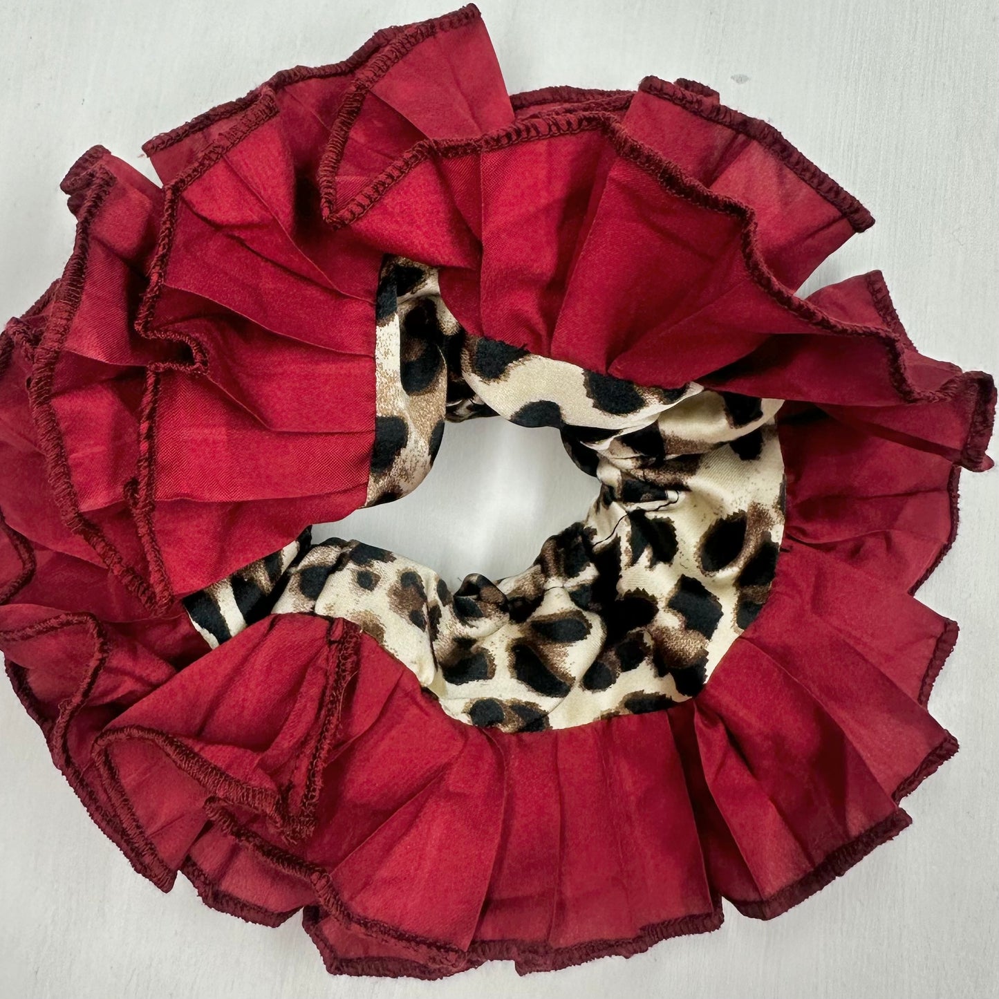 Frill Scrunchie In Leopard Print With Burgundy Trim