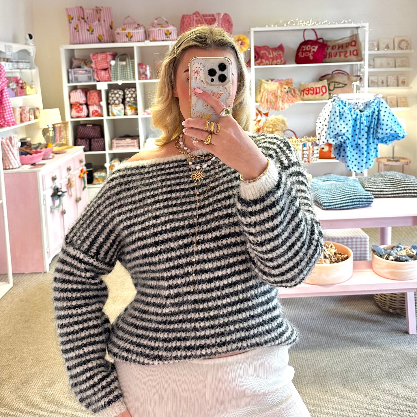 Cream & Black Striped Off The Shoulder Jumper