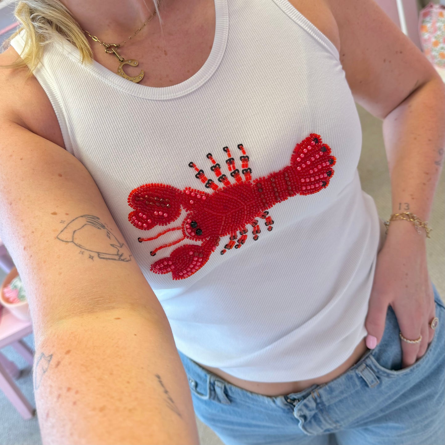 Hand Beaded Lobster Ribbed Tank Top