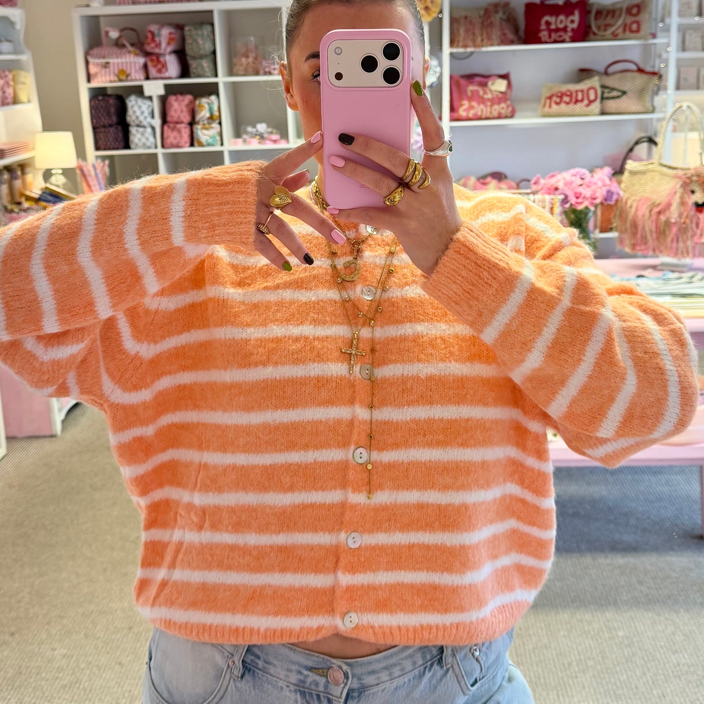 Super Soft Peach & White Stripe Cardigan