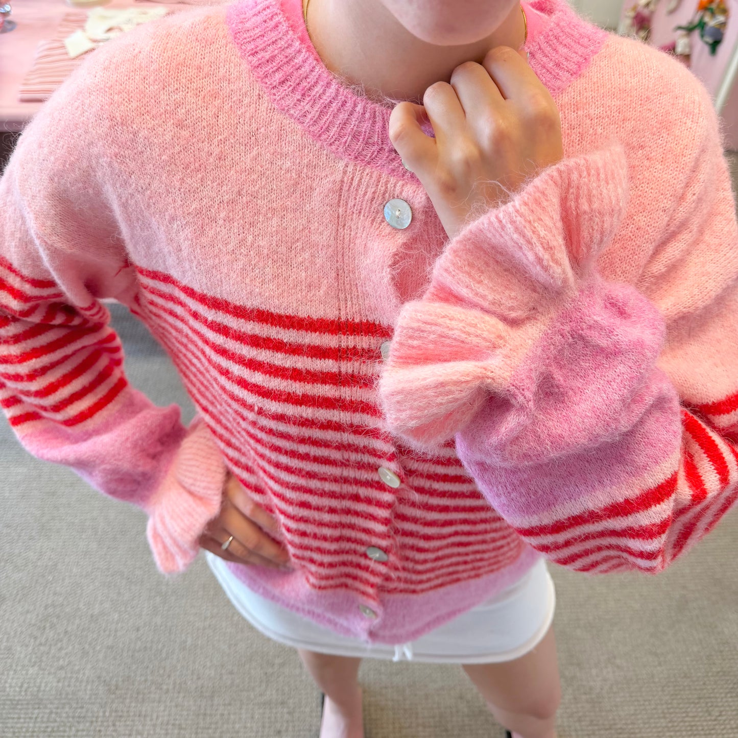 Red & Pink Stripe Cardigan With Frilly Sleeves