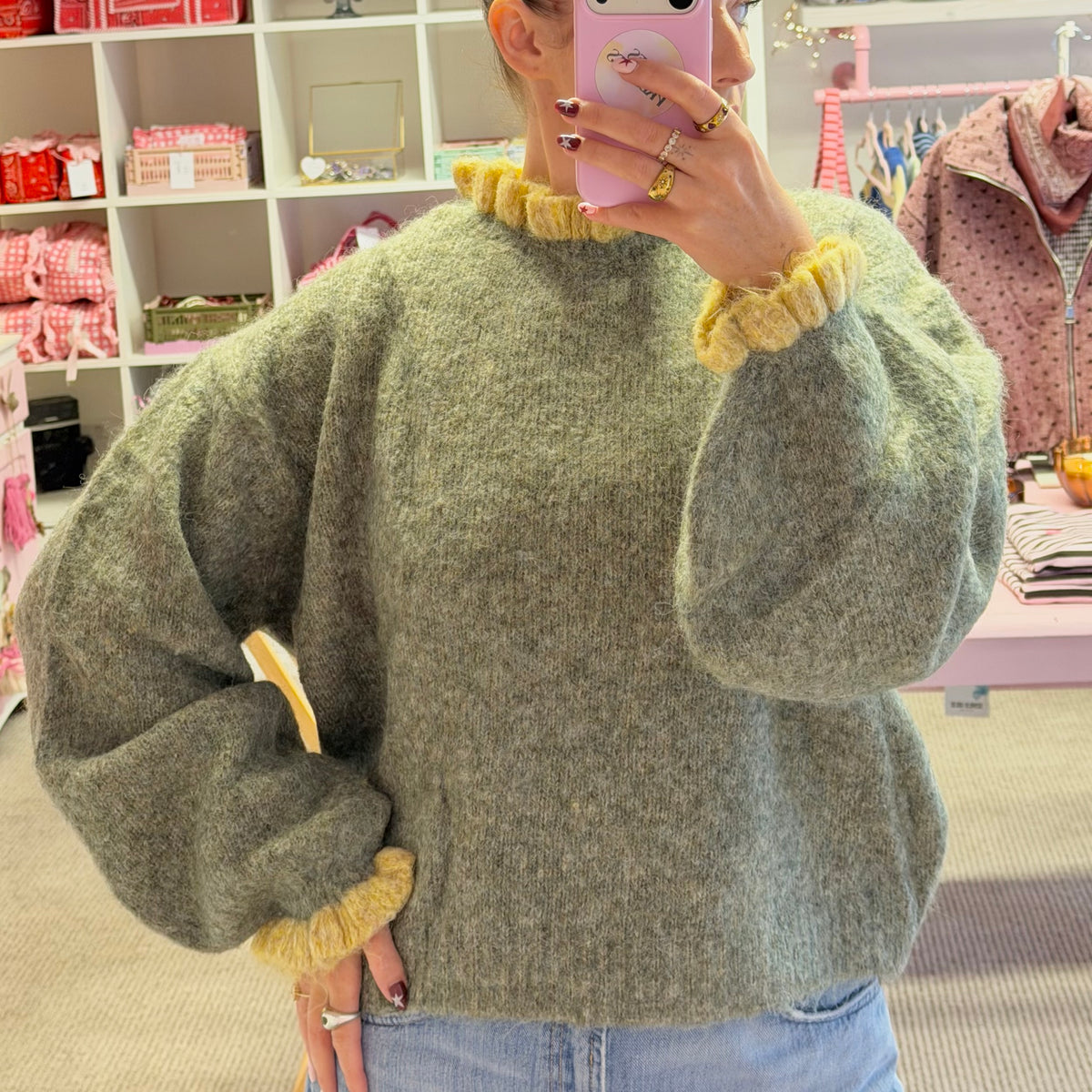 Olive Green Frilly Collar & Sleeve Jumper