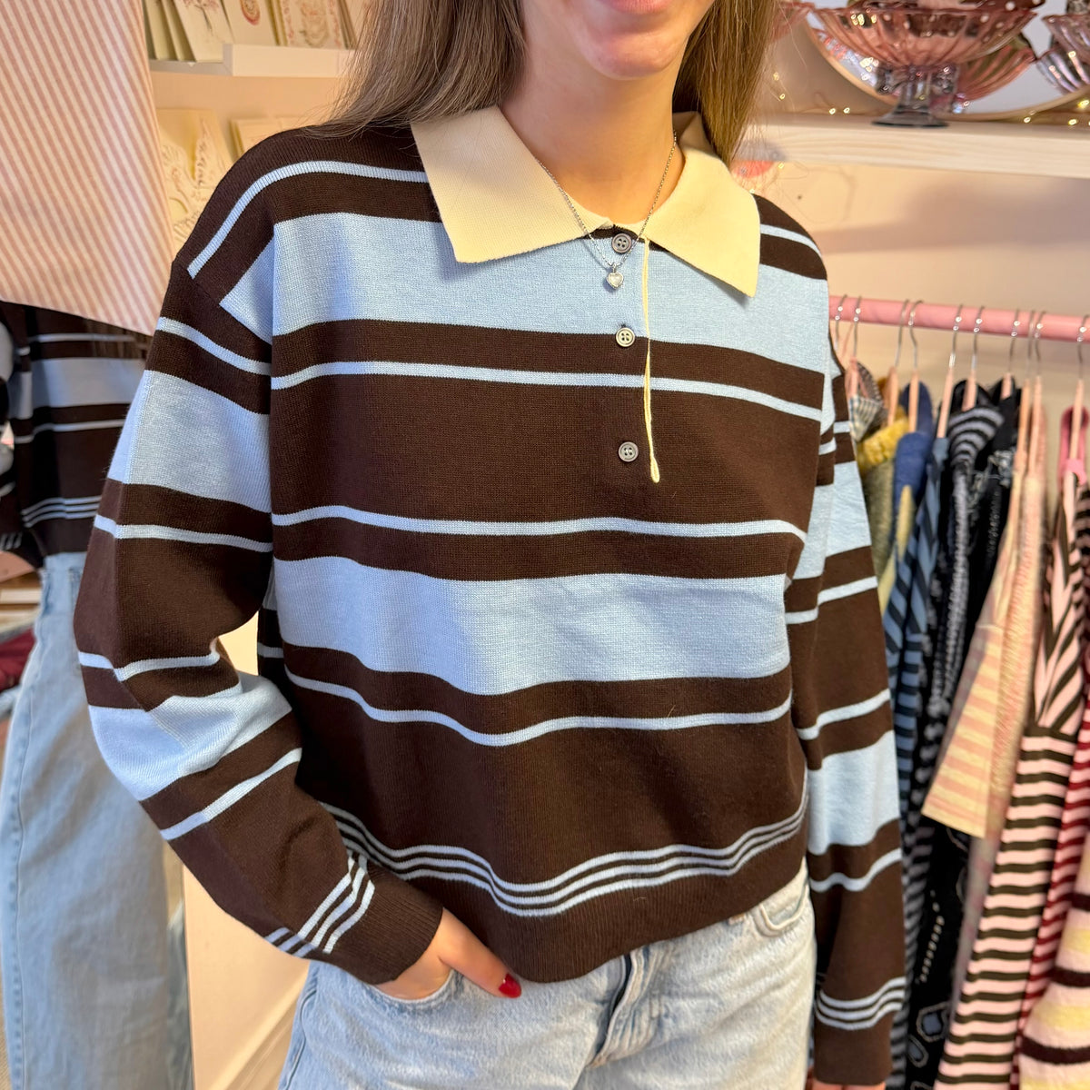 Brown & Blue Cropped Polo Fit Jumper