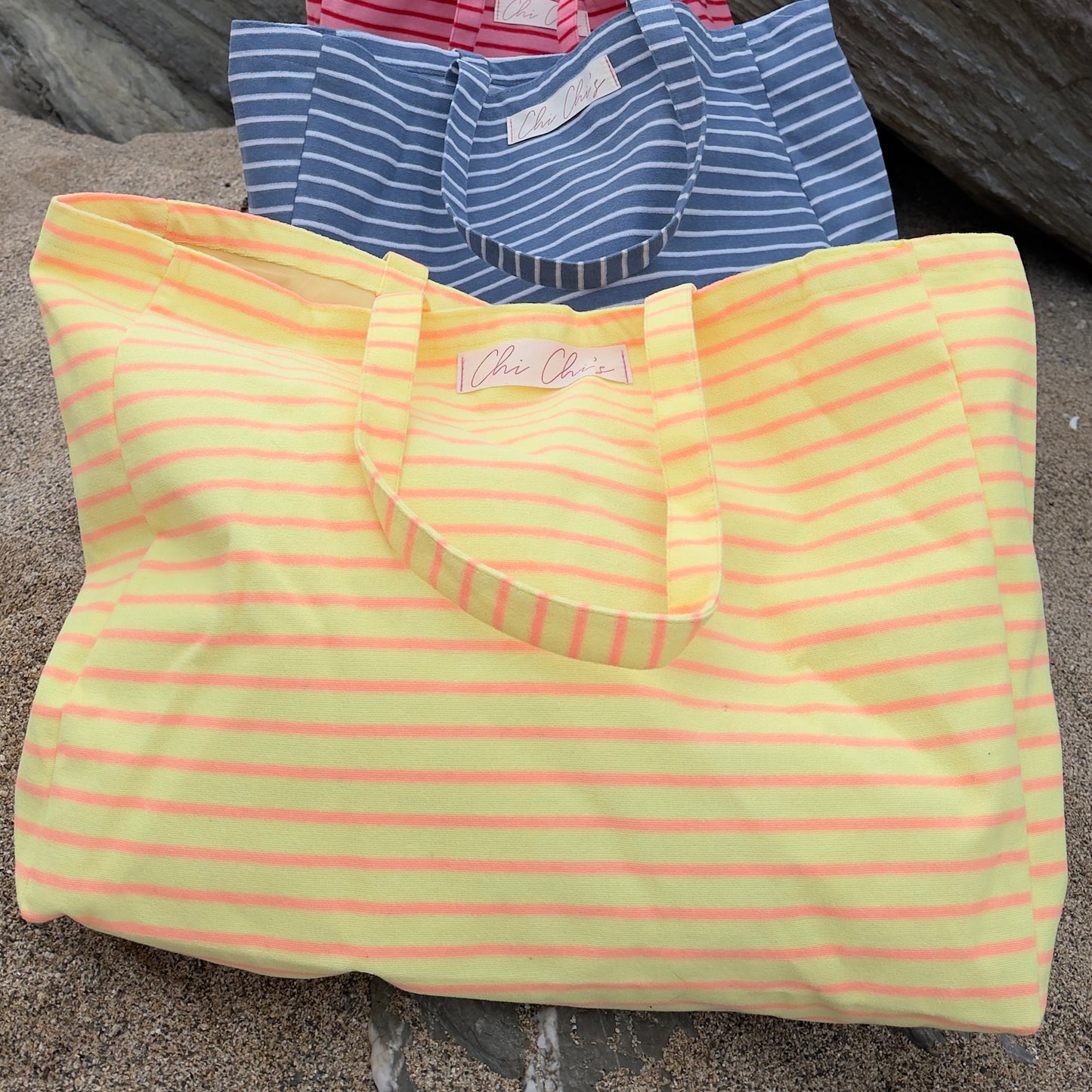 'Chi Chi's' Yellow & Pink Stripe Terry Cloth Large Tote Bag 💛