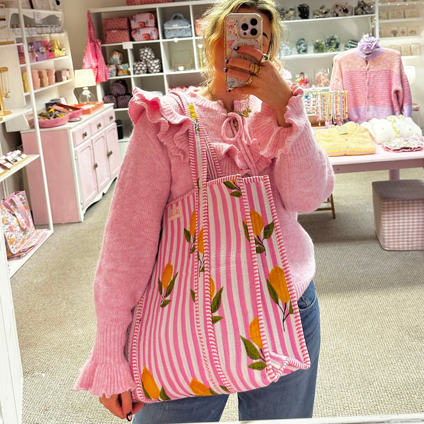 🍋💖 Large Pink & Lemon Print Tote Bag