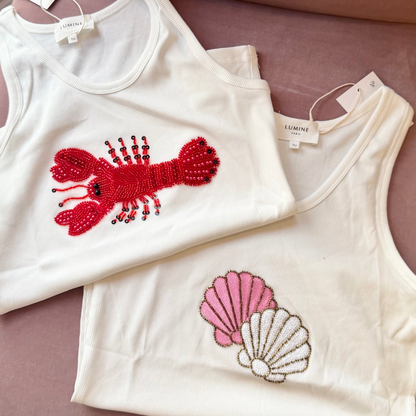 Hand Beaded Pink & White Seashell Ribbed Tank Top