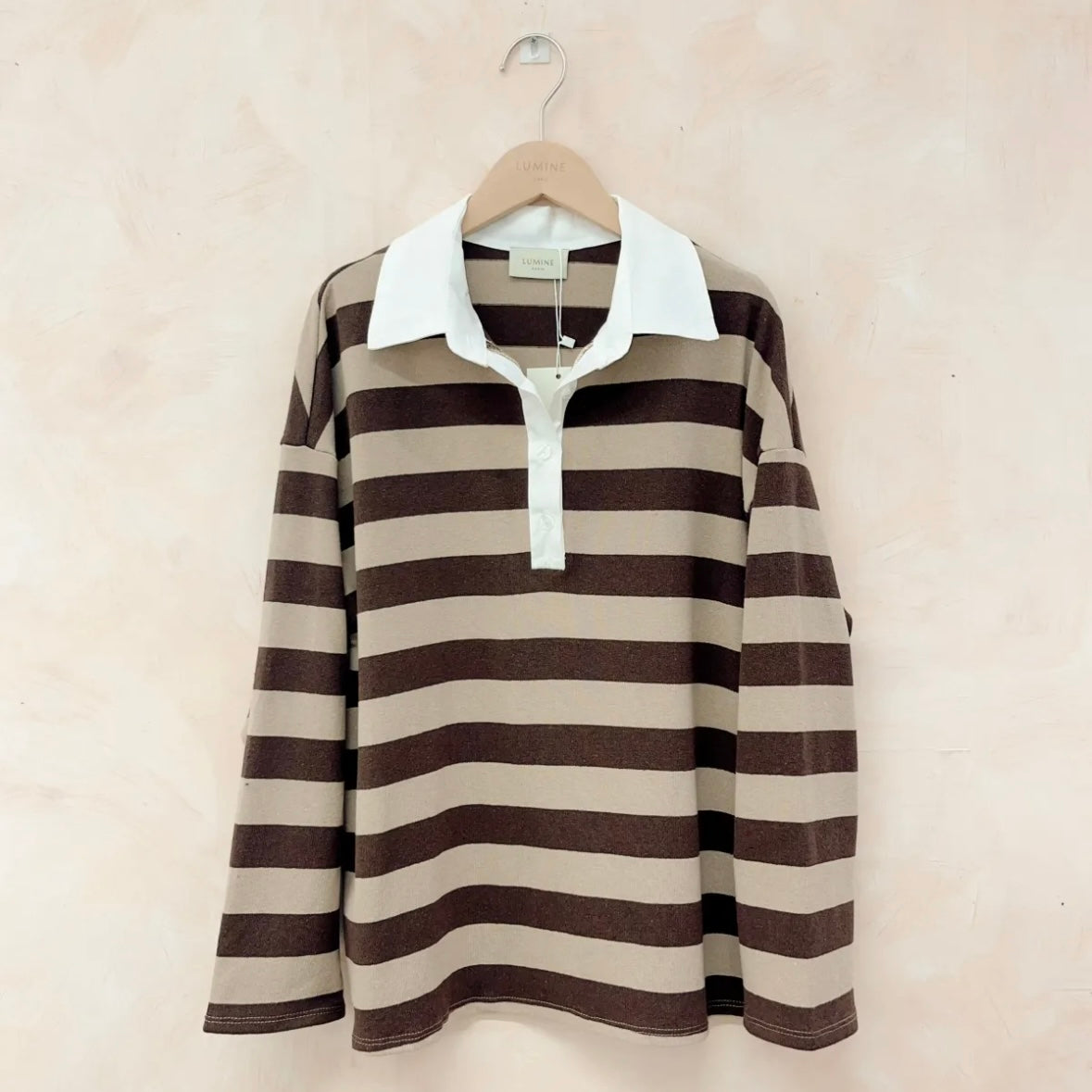 Brown & Beige Stripe Rugby Style T Shirt (PRE-ORDER)