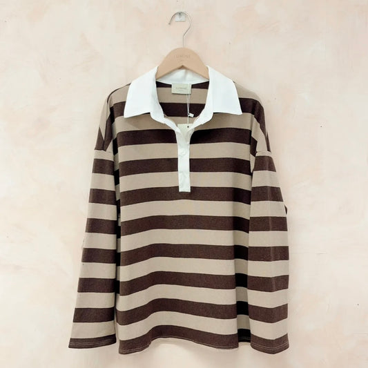 Brown & Beige Stripe Rugby Style T Shirt (PRE-ORDER)