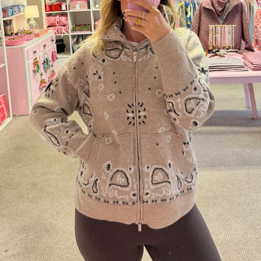 Beige Paisley Bandana Print Zip Up Cardigan