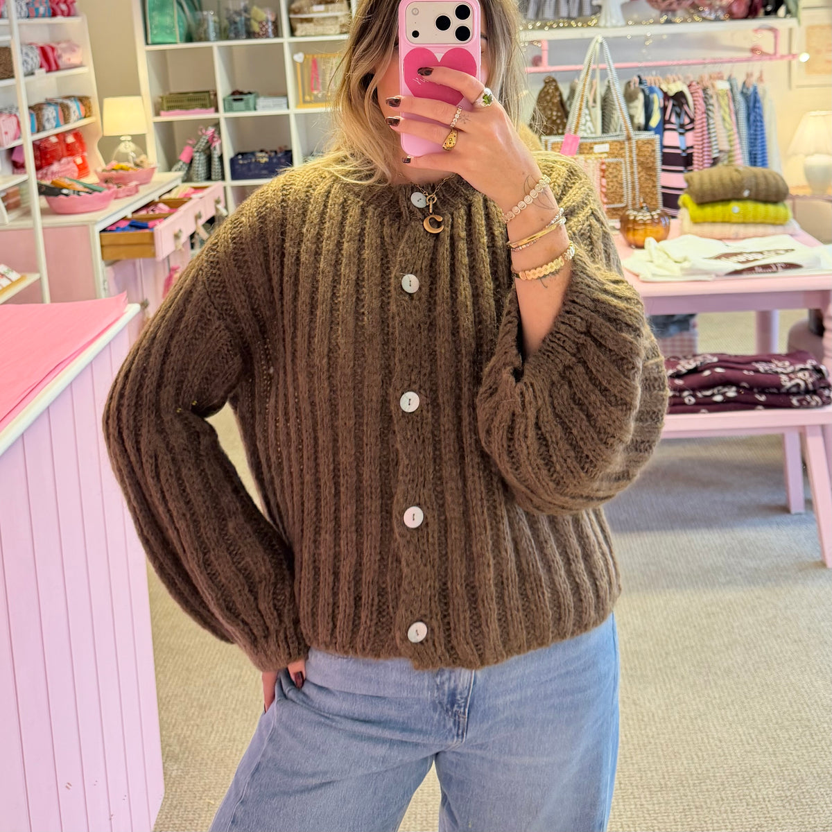 Dark Brown Balloon Sleeve Cardigan