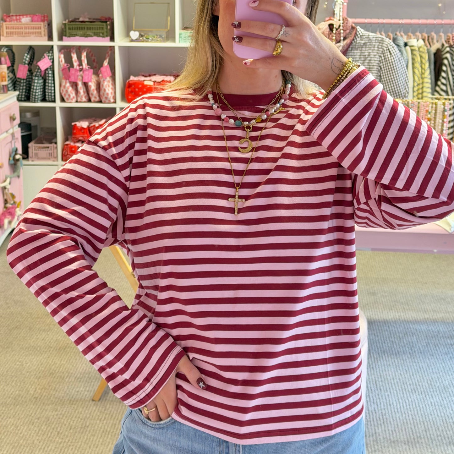 Burgundy & Pink Stripe Long Sleeve T-Shirt