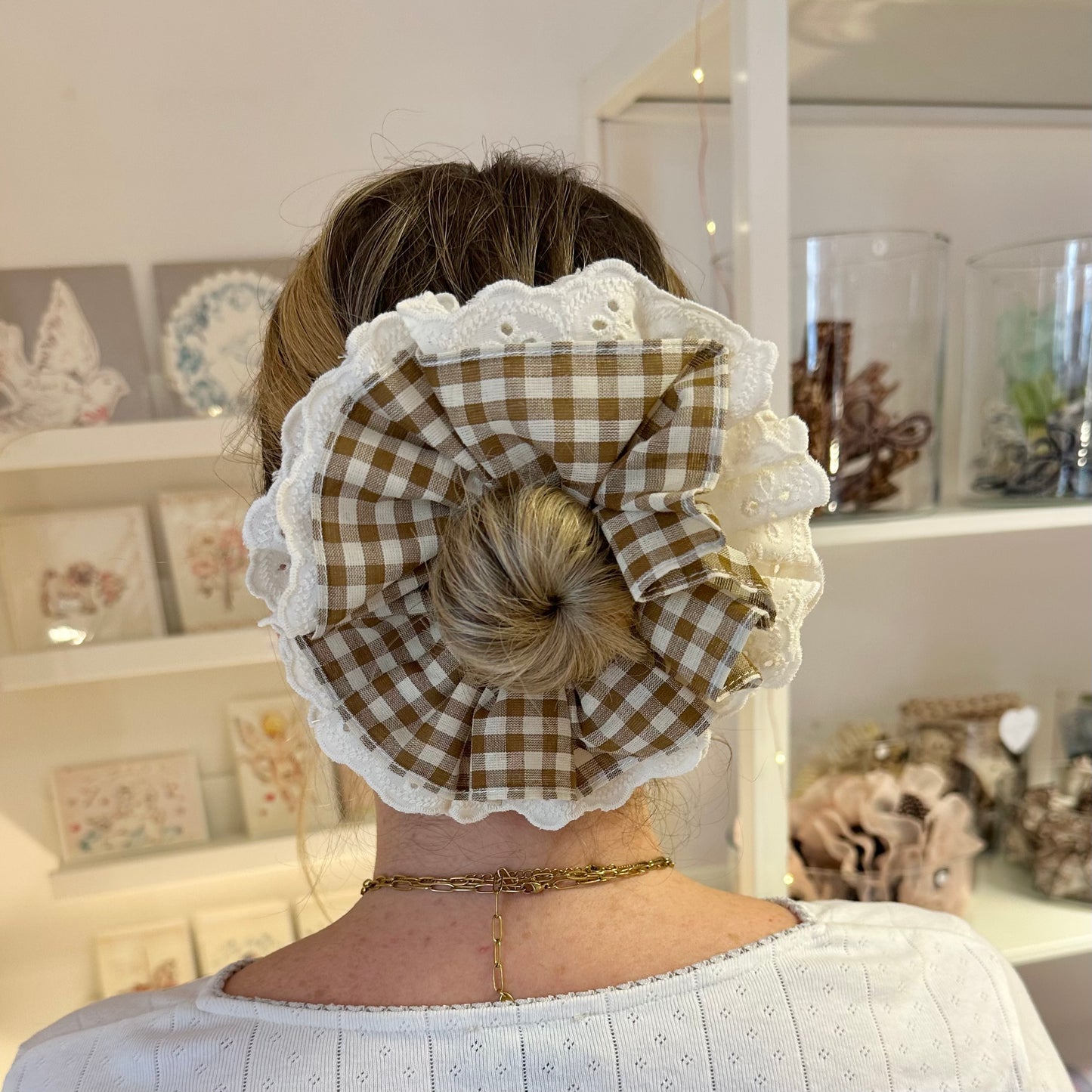 Brown Gingham Scrunchie With Cream Broderie Detail