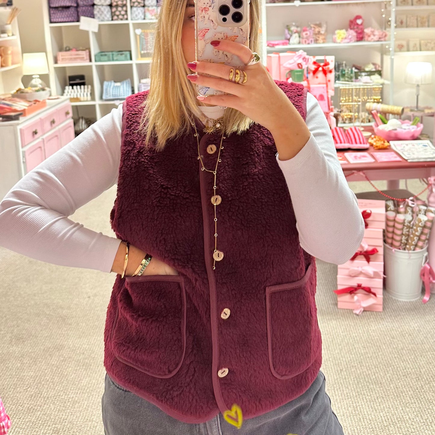 Burgundy Sleeveless Borg Vest