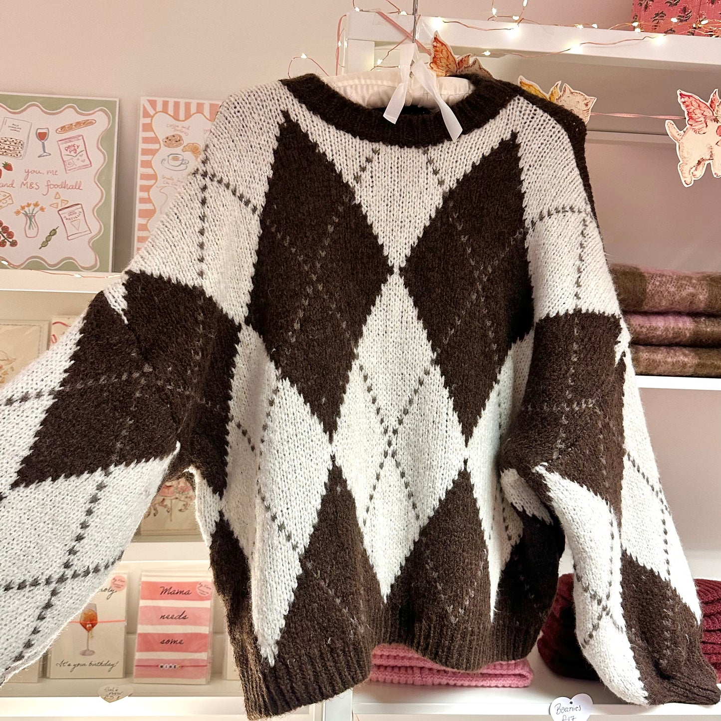 Argyle Pattern Chunky Knit Jumper In Brown & Cream