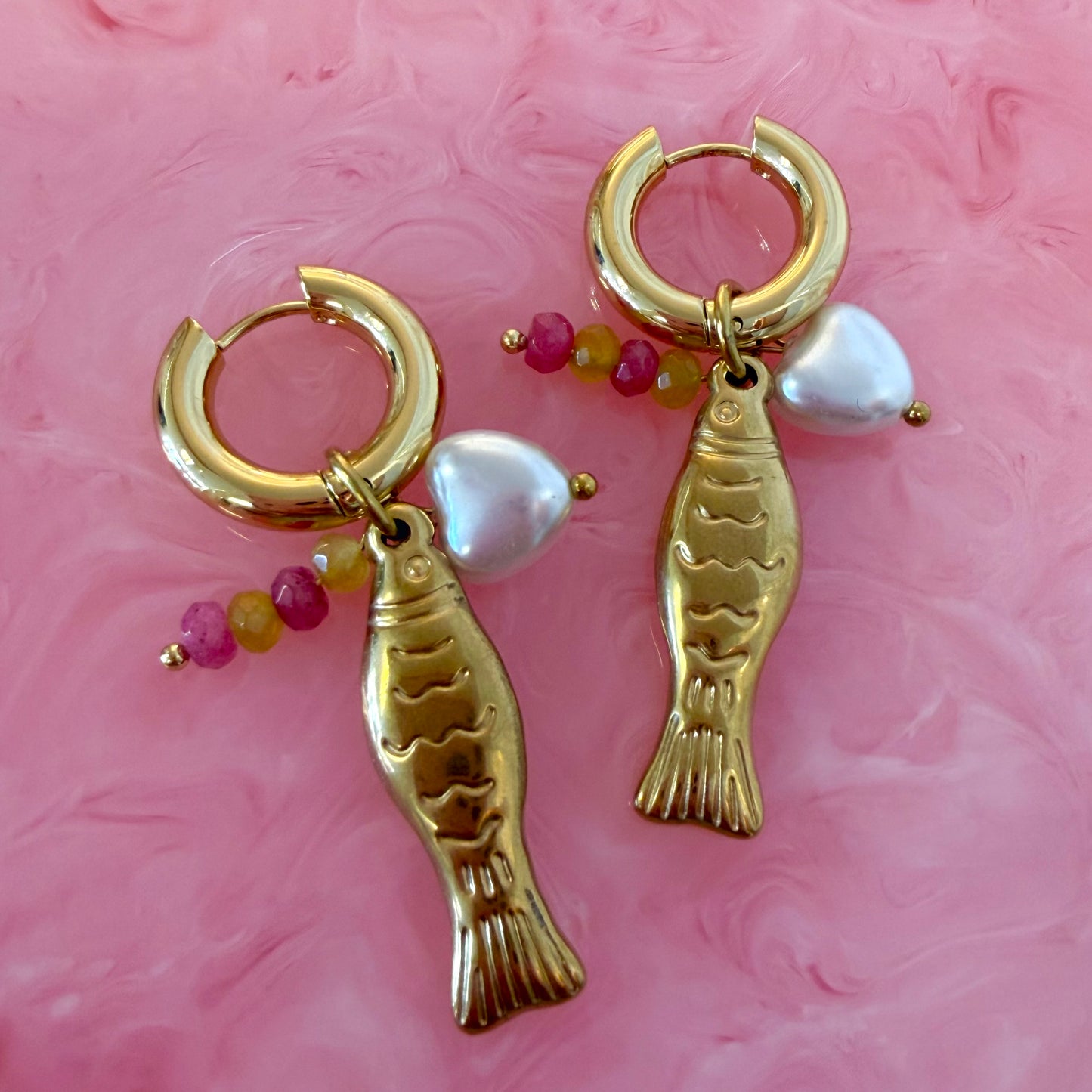 Chunky Gold Fish Hoops With Beaded & Pearl Charms
