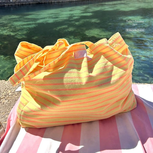 'Chi Chi's' Yellow & Pink Stripe Terry Cloth Large Tote Bag 💛