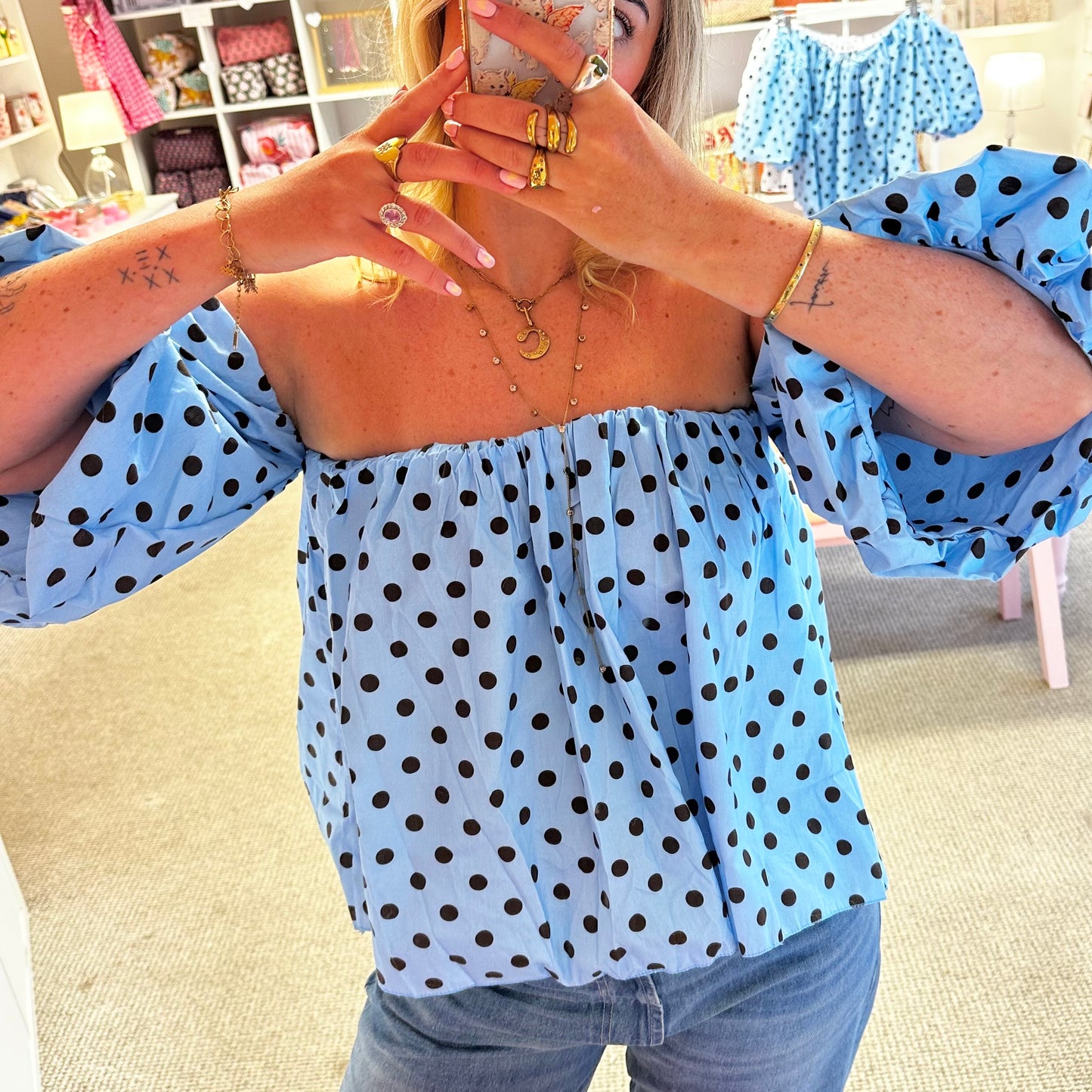 Blue Polka Dot Off The Shoulder Blouse