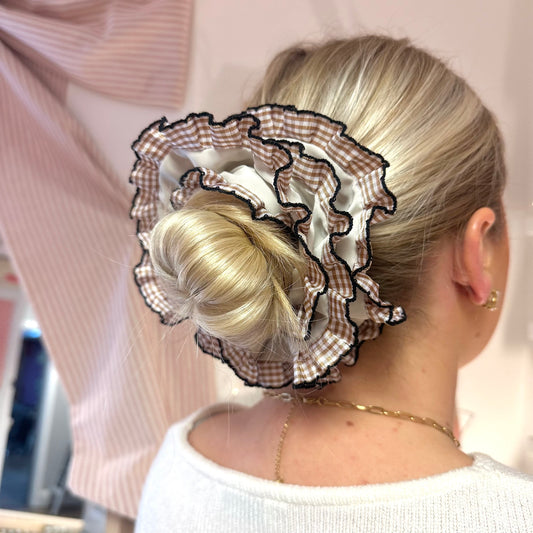 Frilly Beige Scrunchie With Brown Gingham Trim