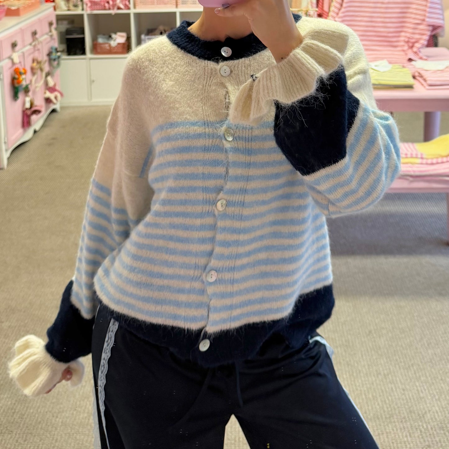Blue & Beige Stripe Cardigan With Frilly Sleeves
