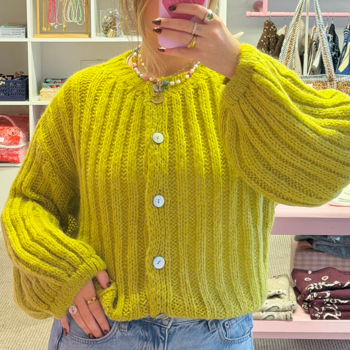 Olive Green Knitted Balloon Sleeve Cardigan