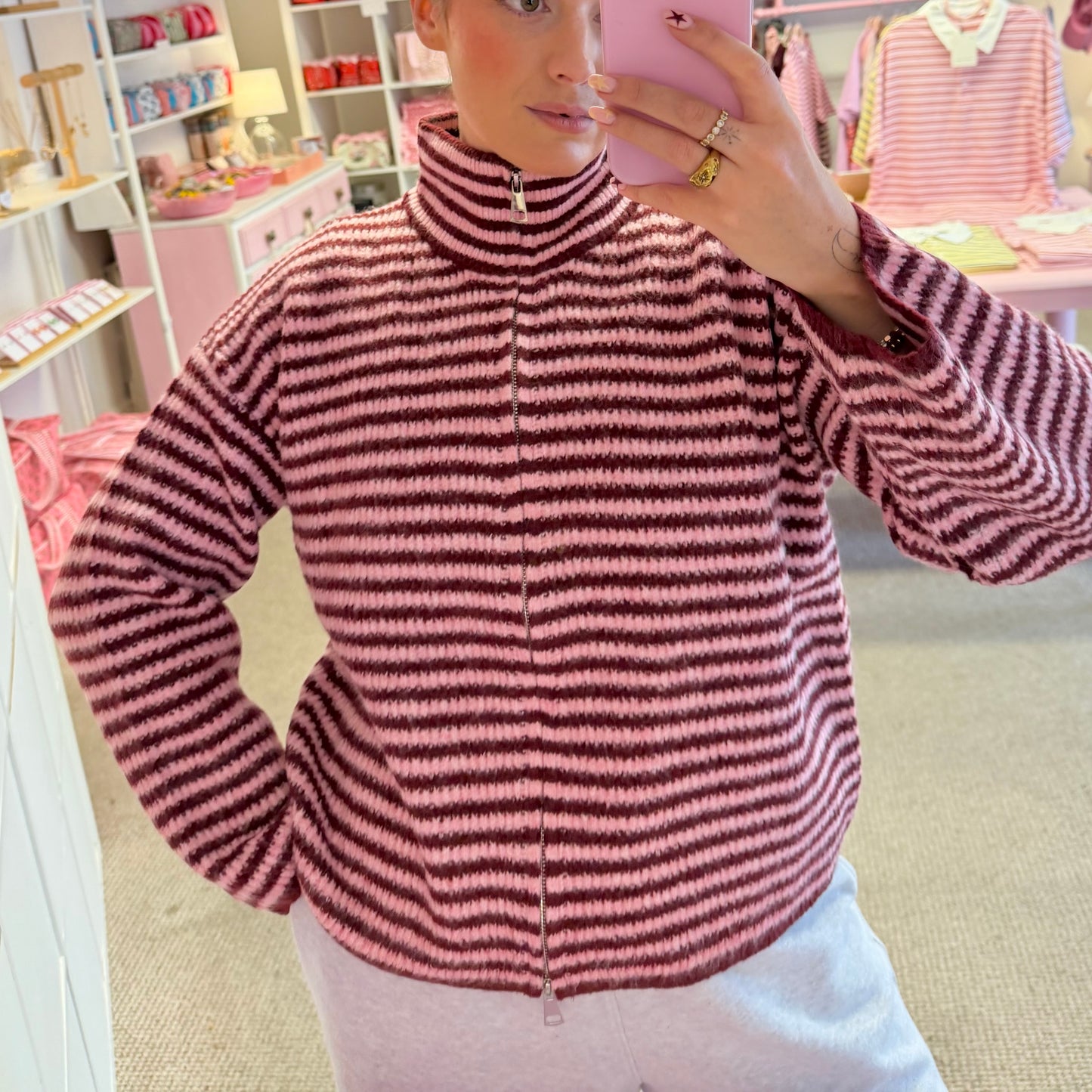 Burgundy & Pink Funnel Neck Zip Up Cardigan