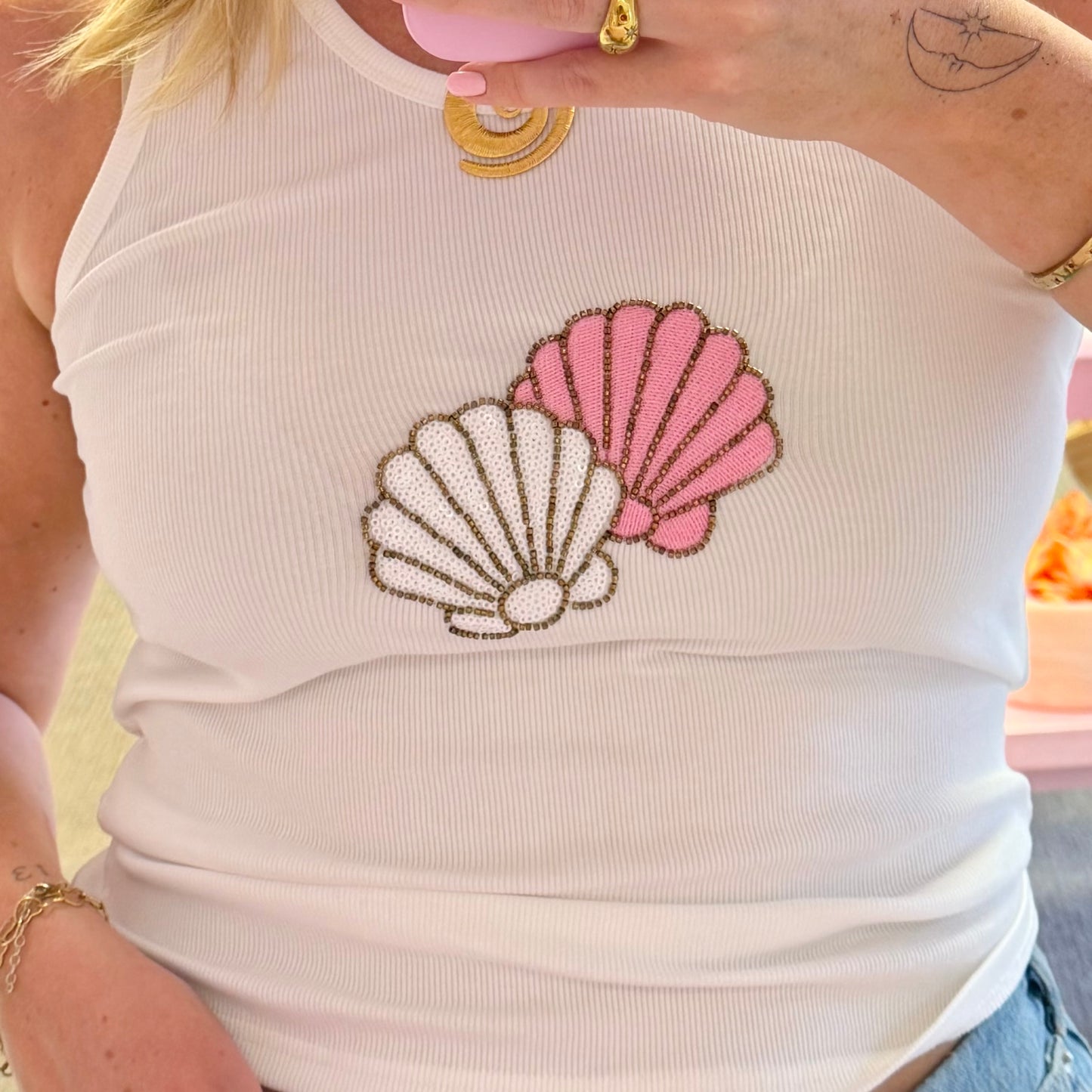 Hand Beaded Pink & White Seashell Ribbed Tank Top