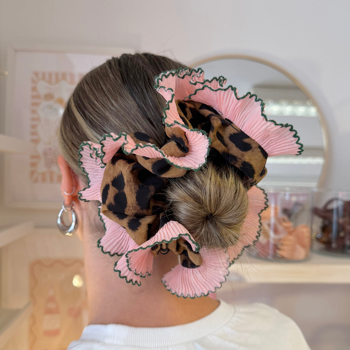 Leopard Print Frilly Scrunchie With Pink Trim