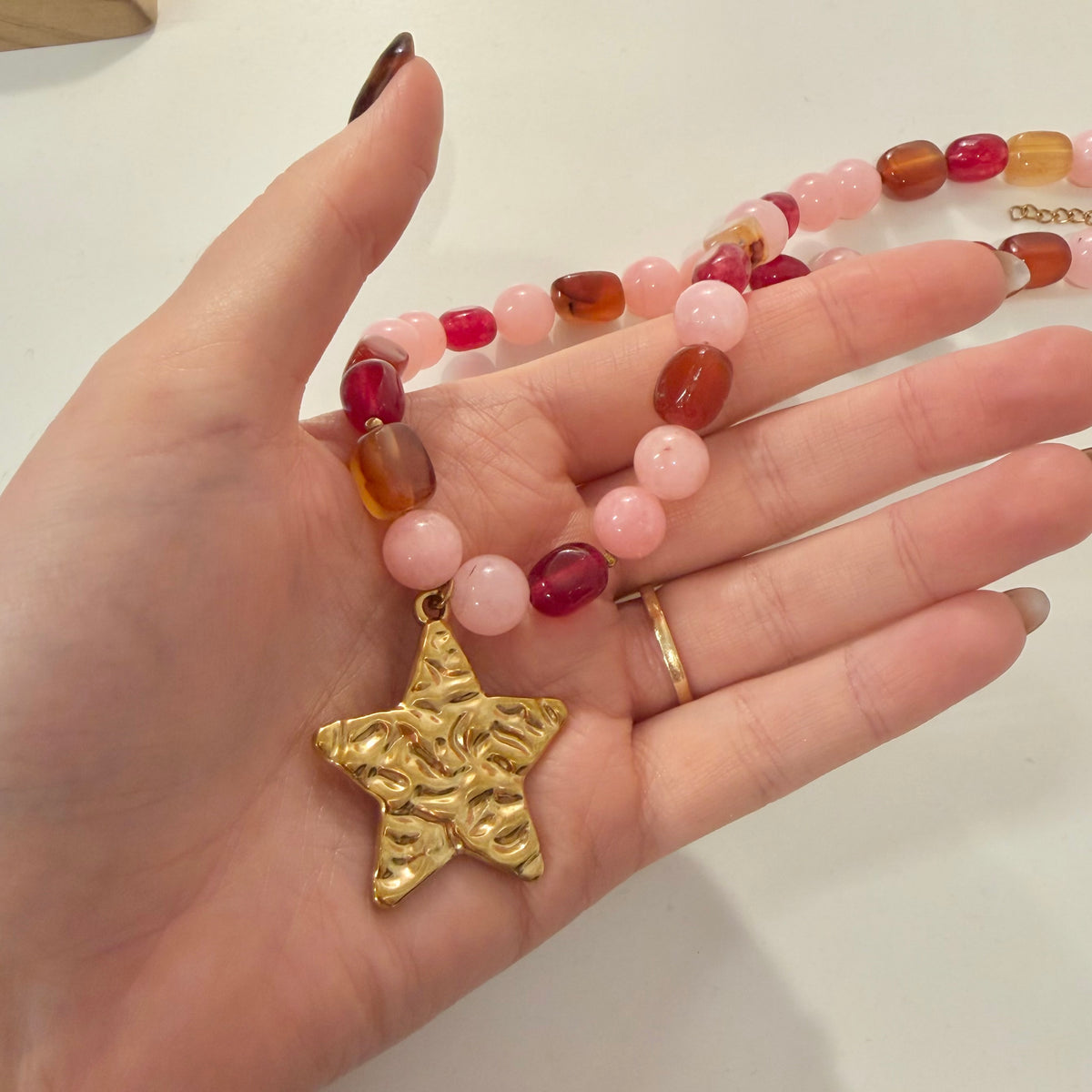 Red & Pink Mixed Bead Necklace With Waterproof Star Charm