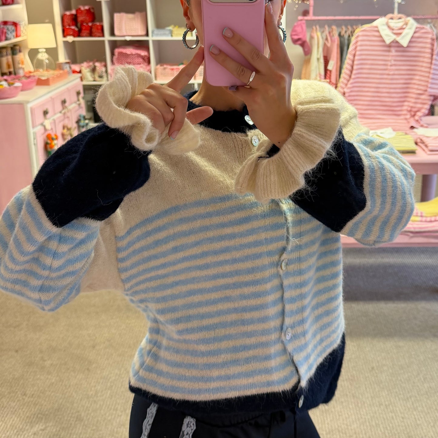 Blue & Beige Stripe Cardigan With Frilly Sleeves