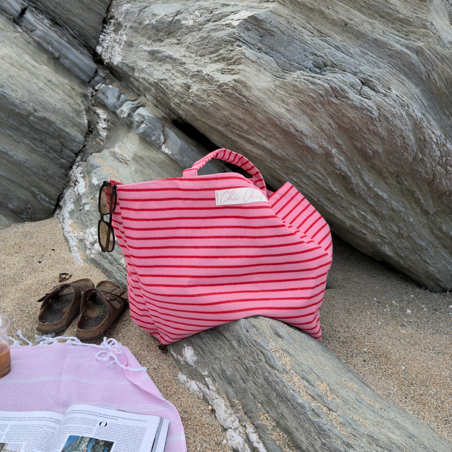 Chi Chi's' Red & Pink Stripe Terry Cloth Large Tote Bag ❤️