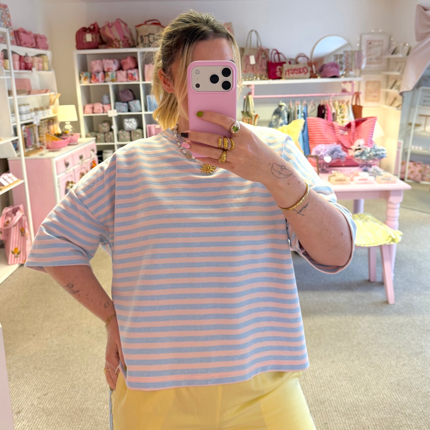 Pink & Blue Striped Boxy Oversize Style T-Shirt With 3/4 Sleeves