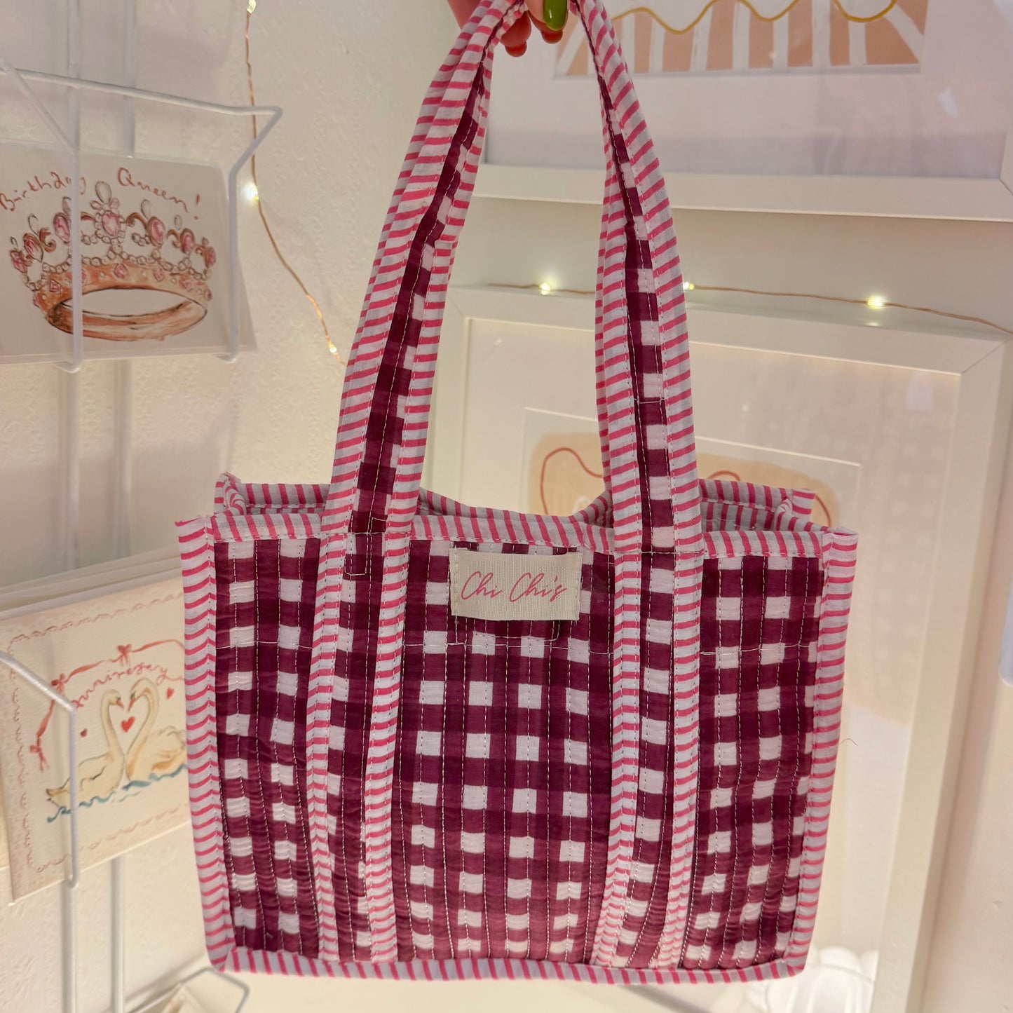 Burgundy & Pink Mini Gingham Tote Bag
