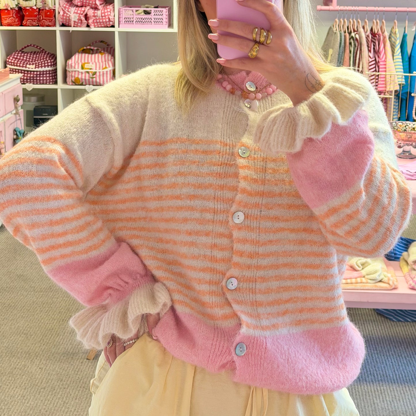 Pink & Orange Stripe Cardigan With Frilly Sleeves