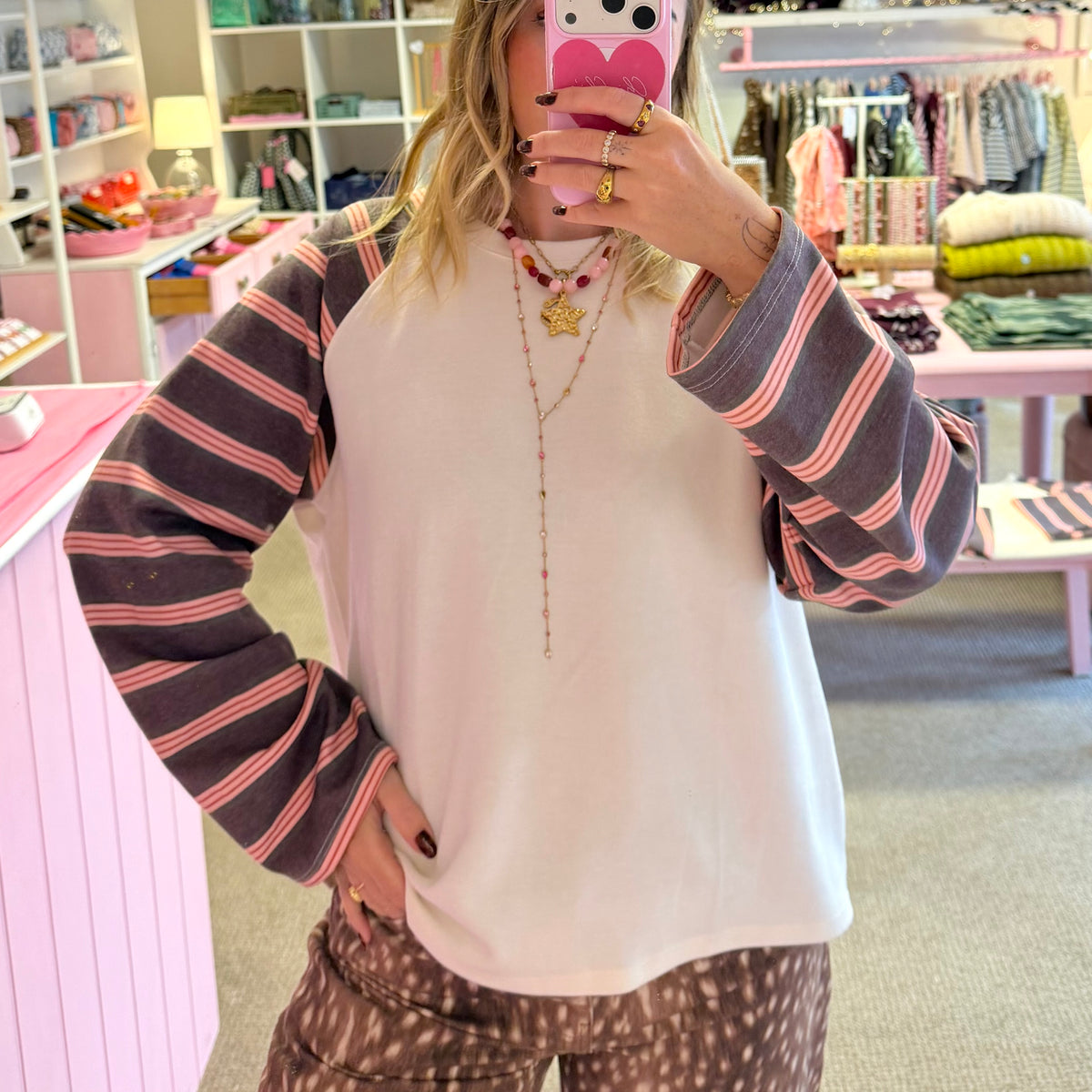 Long Stripe Sleeve Cotton Sweatshirt