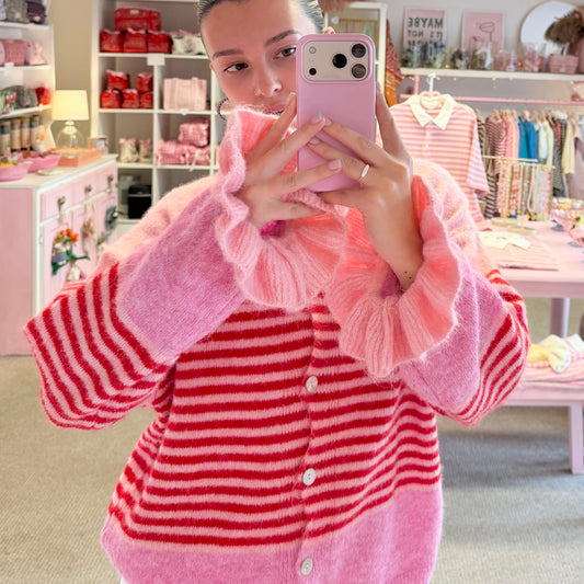 Red & Pink Stripe Cardigan With Frilly Sleeves