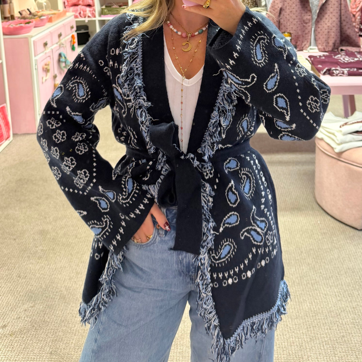 Navy Blue Pasiley Bandana Print Wrap Around Cardigan With Tie